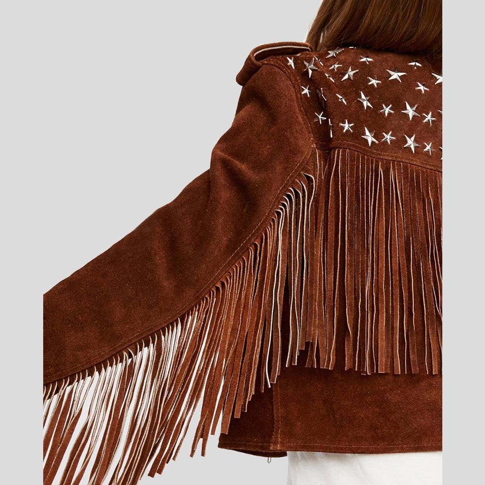 women's brown studded lambskin suede jacket elara detail close up