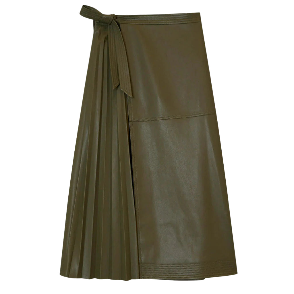 Olive Green Wrap-Style Women's Midi Leather Skirt - Trendy Elegance - AMSEL LEATHERS