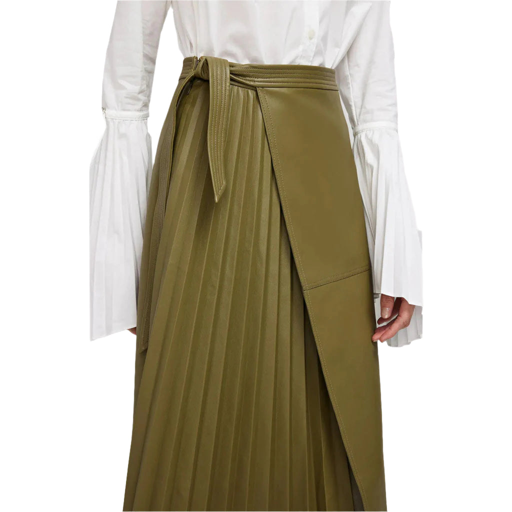 Olive Green Wrap-Style Women's Midi Leather Skirt - Trendy Elegance - AMSEL LEATHERS