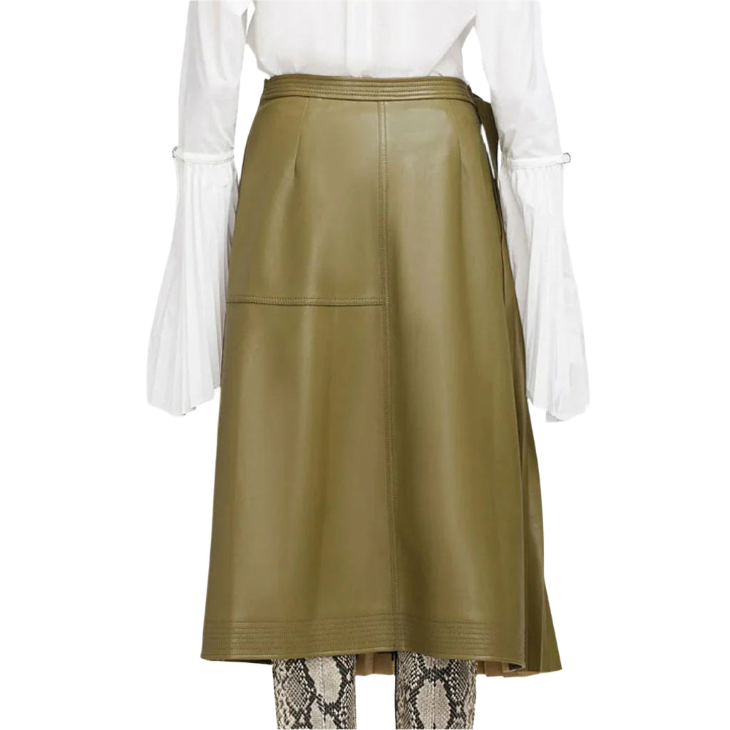 Olive Green Wrap-Style Women's Midi Leather Skirt - Trendy Elegance - AMSEL LEATHERS