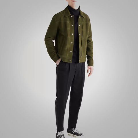 men's olive green leather trucker jacket lucien side angle