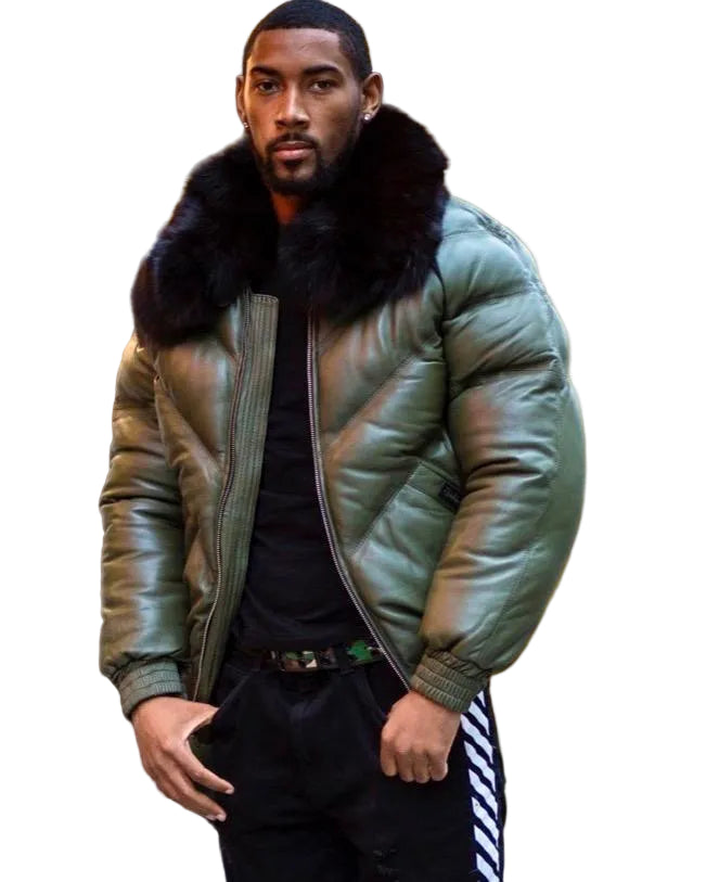 Olive leather bomber jacket with removable black fur collar
