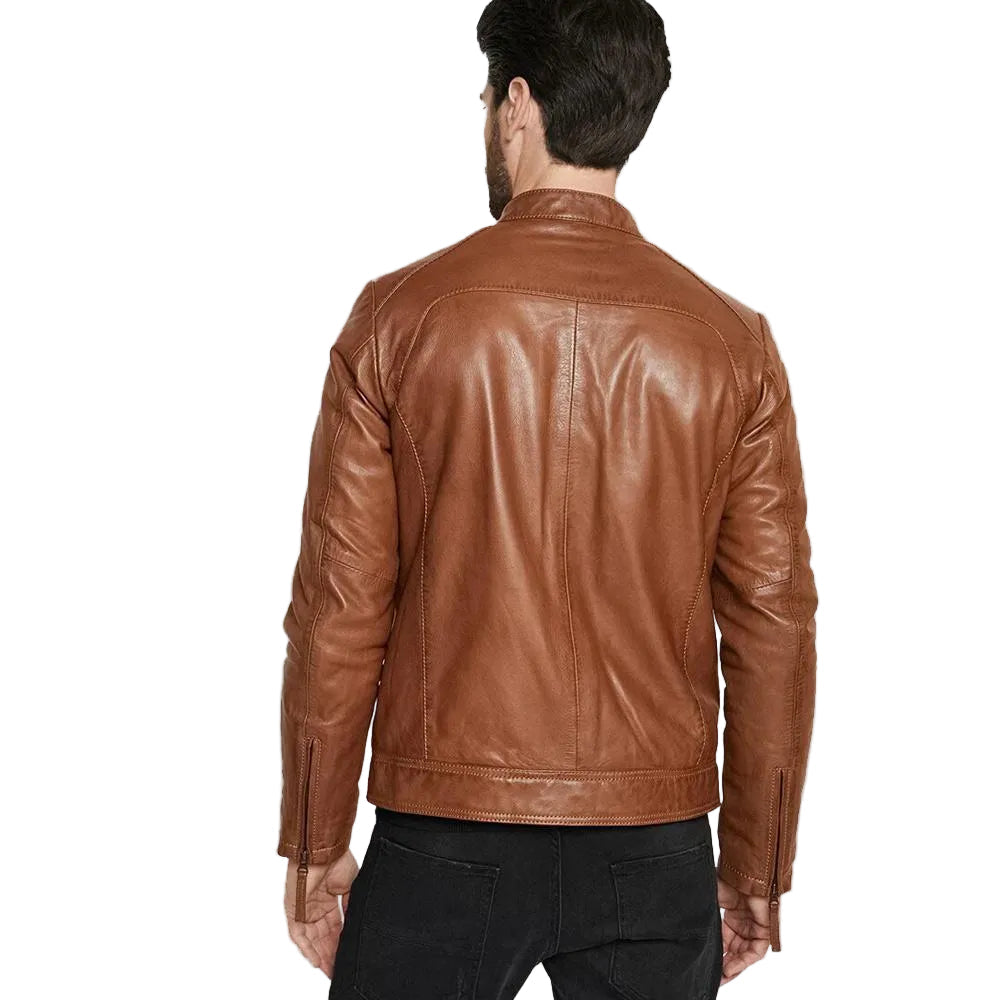 men's brown quilted lambskin leather racer jacket dorian side angle