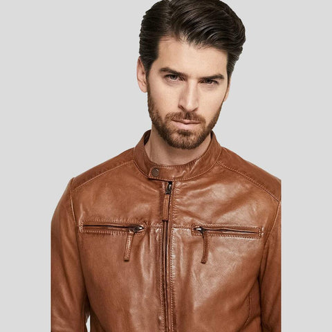 men's brown quilted lambskin leather racer jacket dorian back view