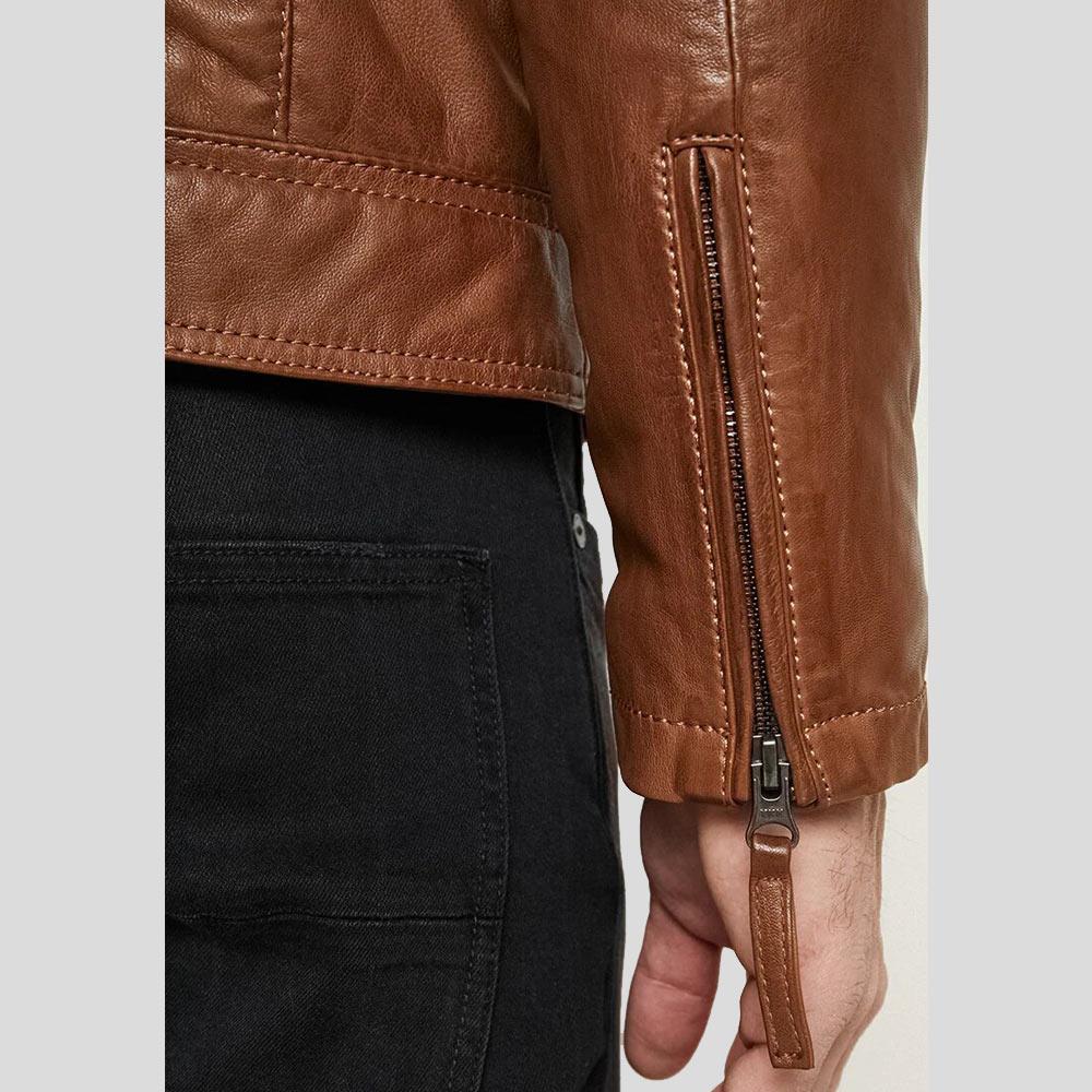 men's brown quilted lambskin leather racer jacket dorian detail close up