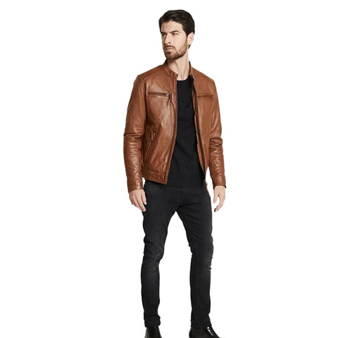 men's brown quilted lambskin leather racer jacket dorian front view