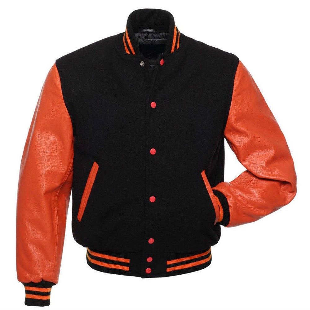 Orange Black Varsity Leather Jacket - AMSEL LEATHERS