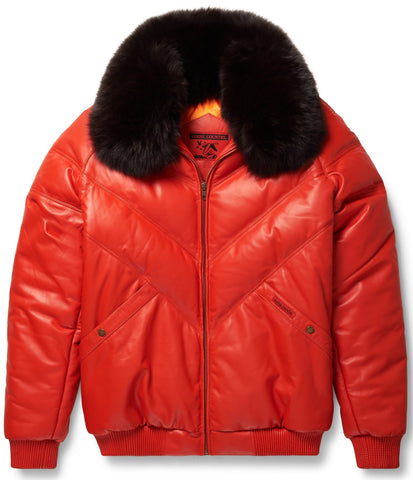 Orange Leather V-Bomber Jacket