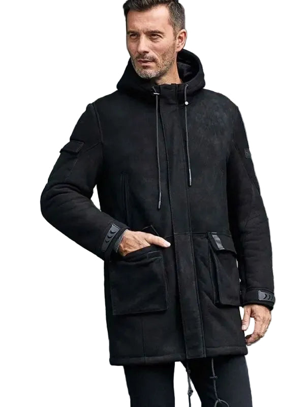 Outwear Winter Fur Coat Black Sheepskin Leather Overcoat