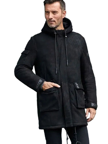 Outwear Winter Fur Coat Black Sheepskin Leather Overcoat