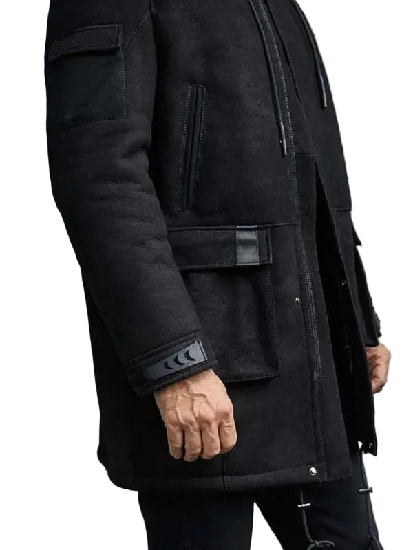 Outwear Winter Fur Coat Black Sheepskin Leather Overcoat