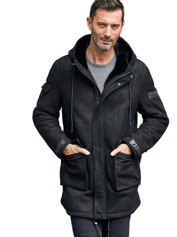 Outwear Winter Fur Coat Black Sheepskin Leather Overcoat