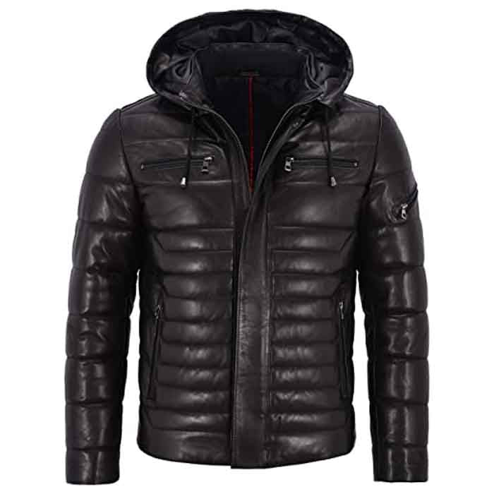 Black leather puffer jacket for men with hood
