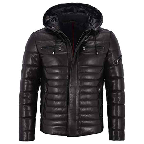 Men’s hooded quilted real leather puffer jacket
