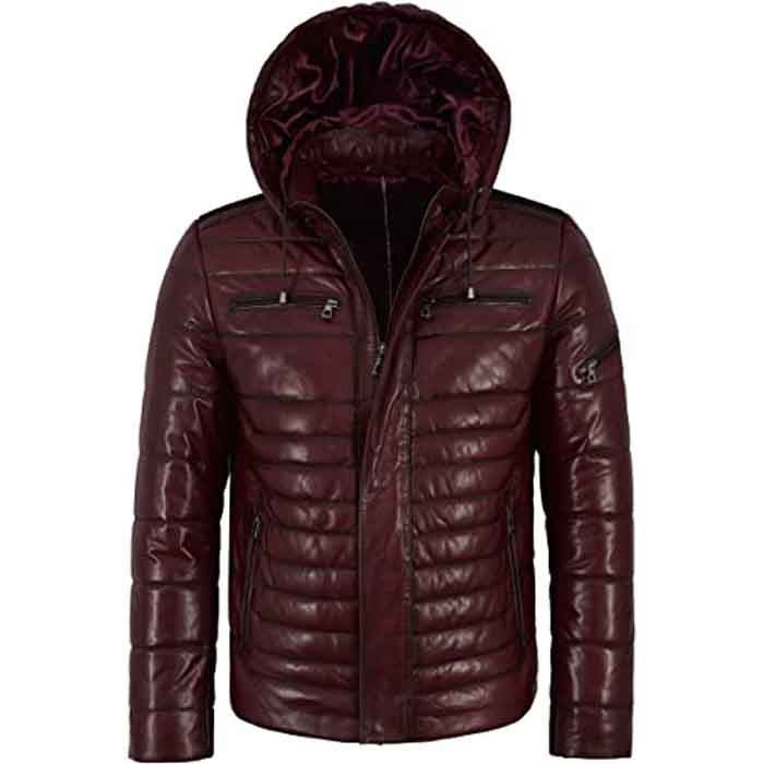 Black lambskin leather puffer jacket for men
