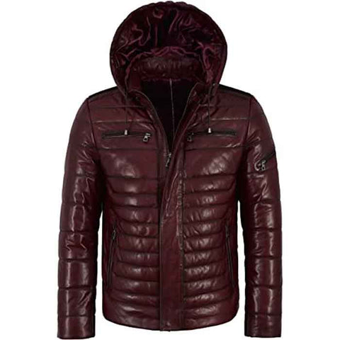 Black lambskin leather puffer jacket for men
