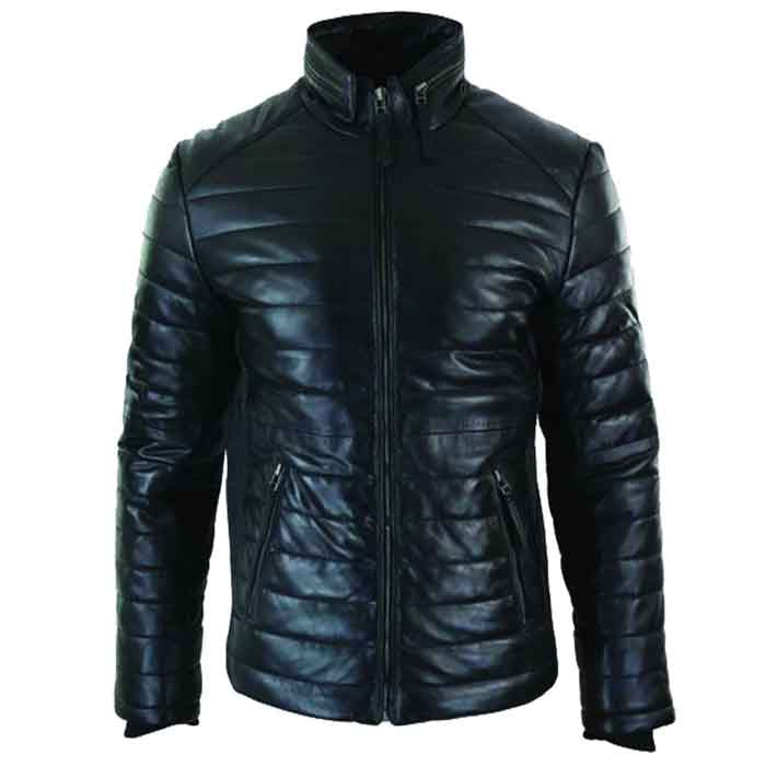 • padded leather jacket zipper detail close up
