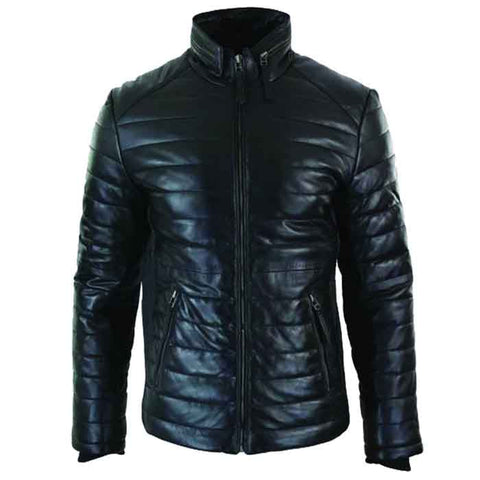• black quilted leather puffer jacket mens front view
