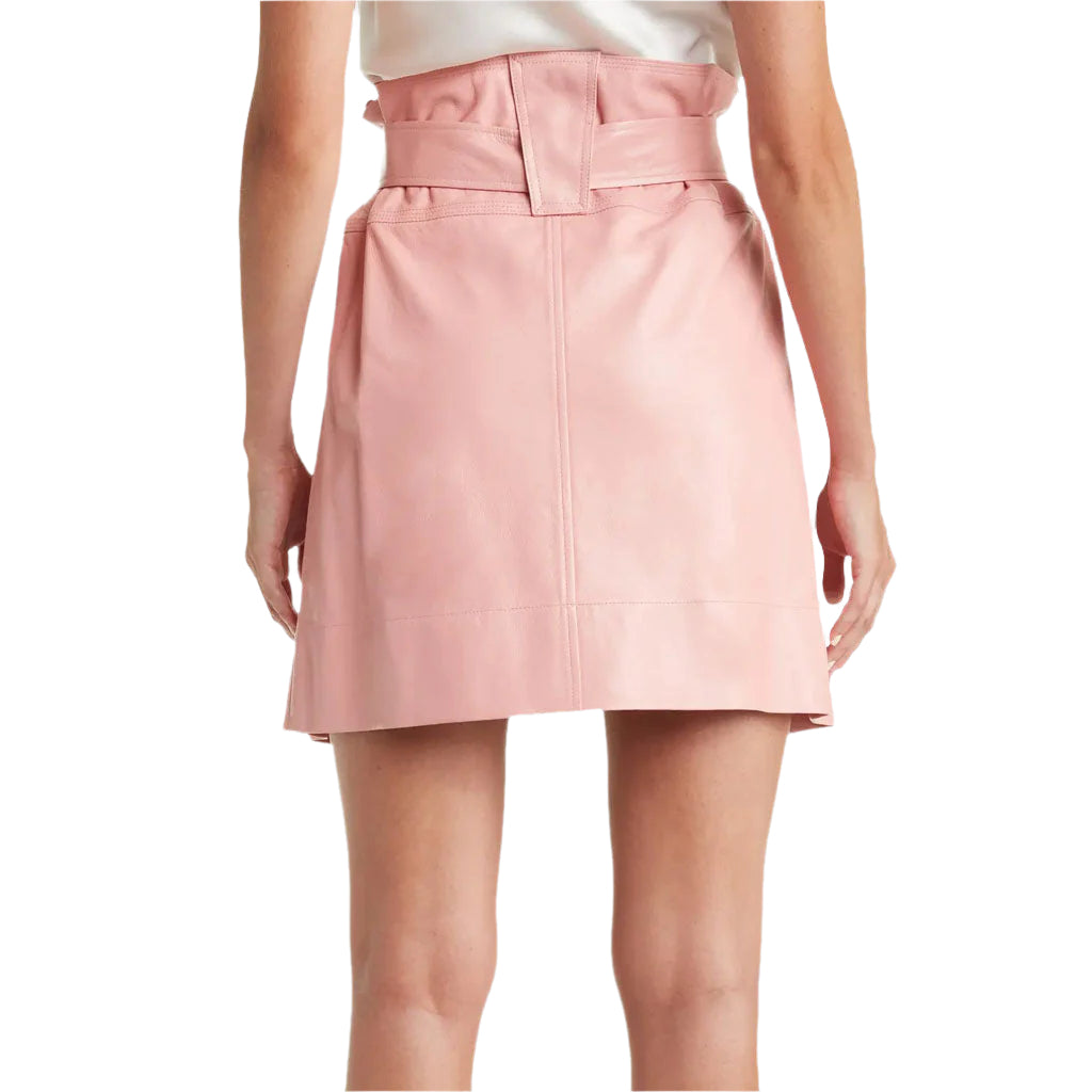 Pastel Pink Belted Mini Leather Skirt for Women - AMSEL LEATHERS