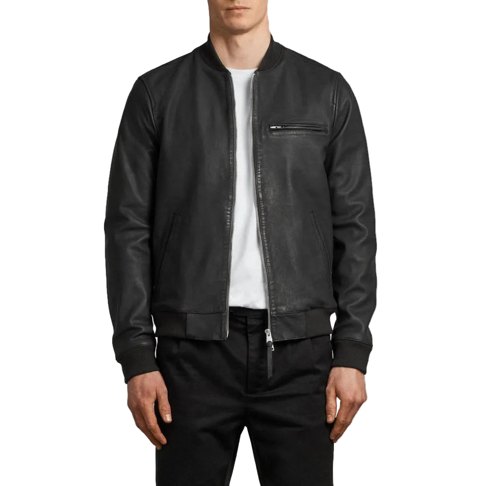 men's black slim fit lambskin leather bomber jacket garrick front view