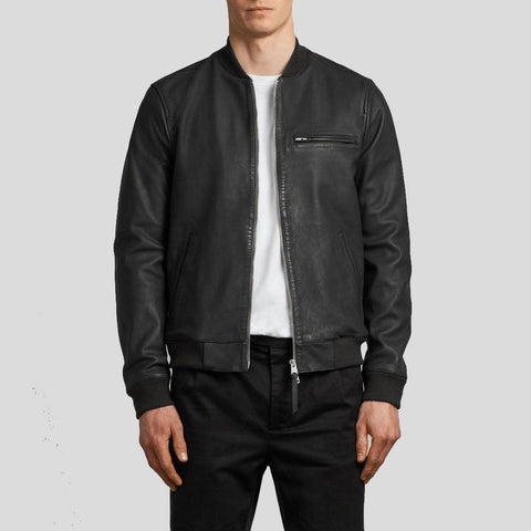 men's black slim fit lambskin leather bomber jacket garrick front view