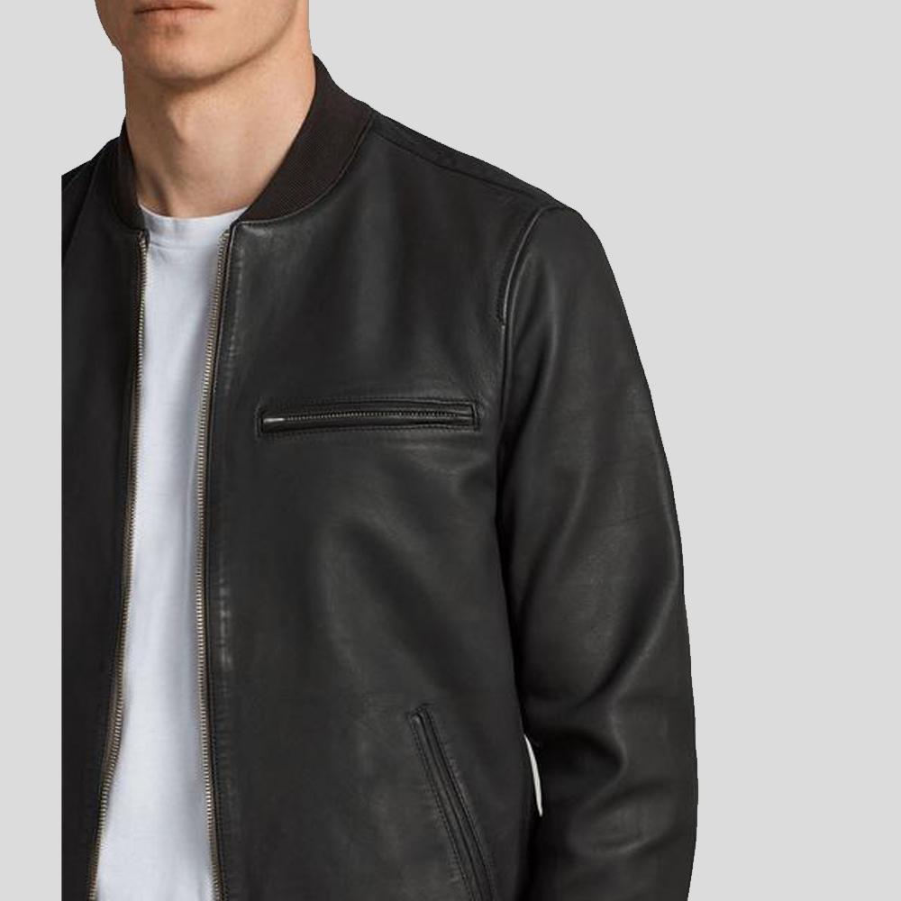 men's black slim fit lambskin leather bomber jacket garrick side angle