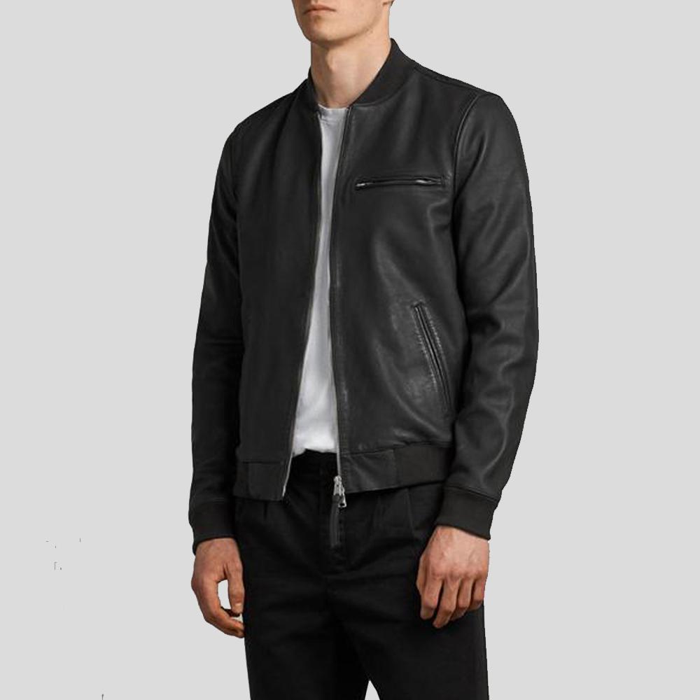 men's black slim fit lambskin leather bomber jacket garrick back view