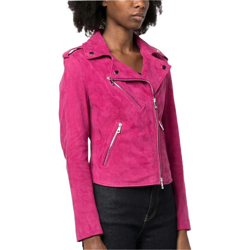 Premium Pink Women's Suede Biker Leather Jacket - AMSEL LEATHERS