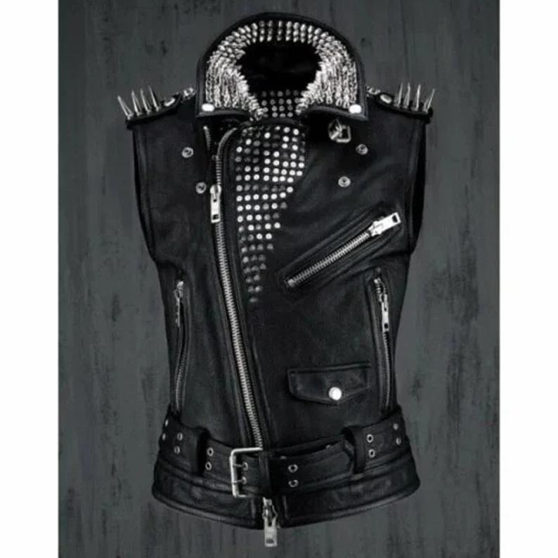 Men's Black Leather Studded Biker Punk Vest - AMSEL LEATHERS