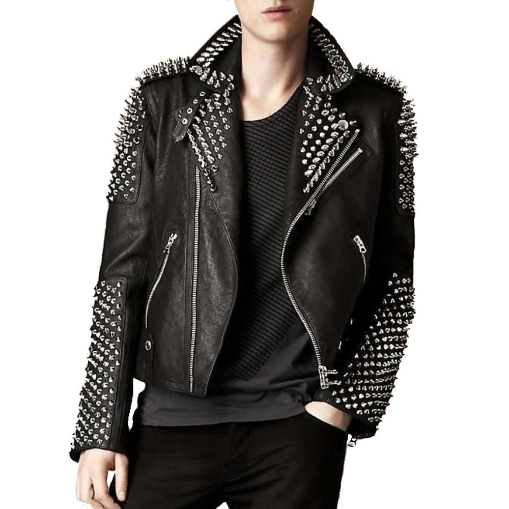 Punk Men Studded Silver Spikes Genuine Leather Jacket - AMSEL LEATHERS