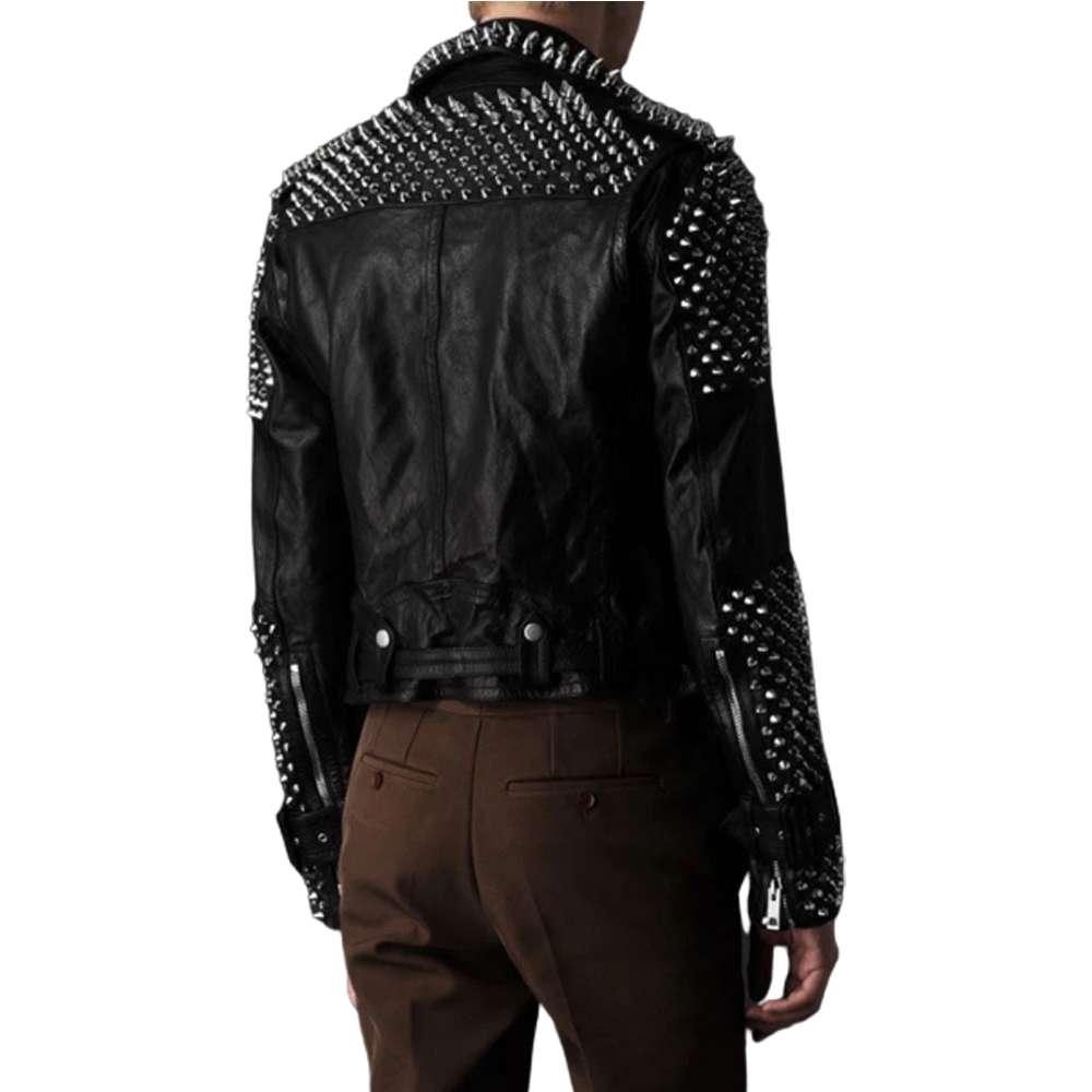 Punk Men Studded Silver Spikes Genuine Leather Jacket - AMSEL LEATHERS