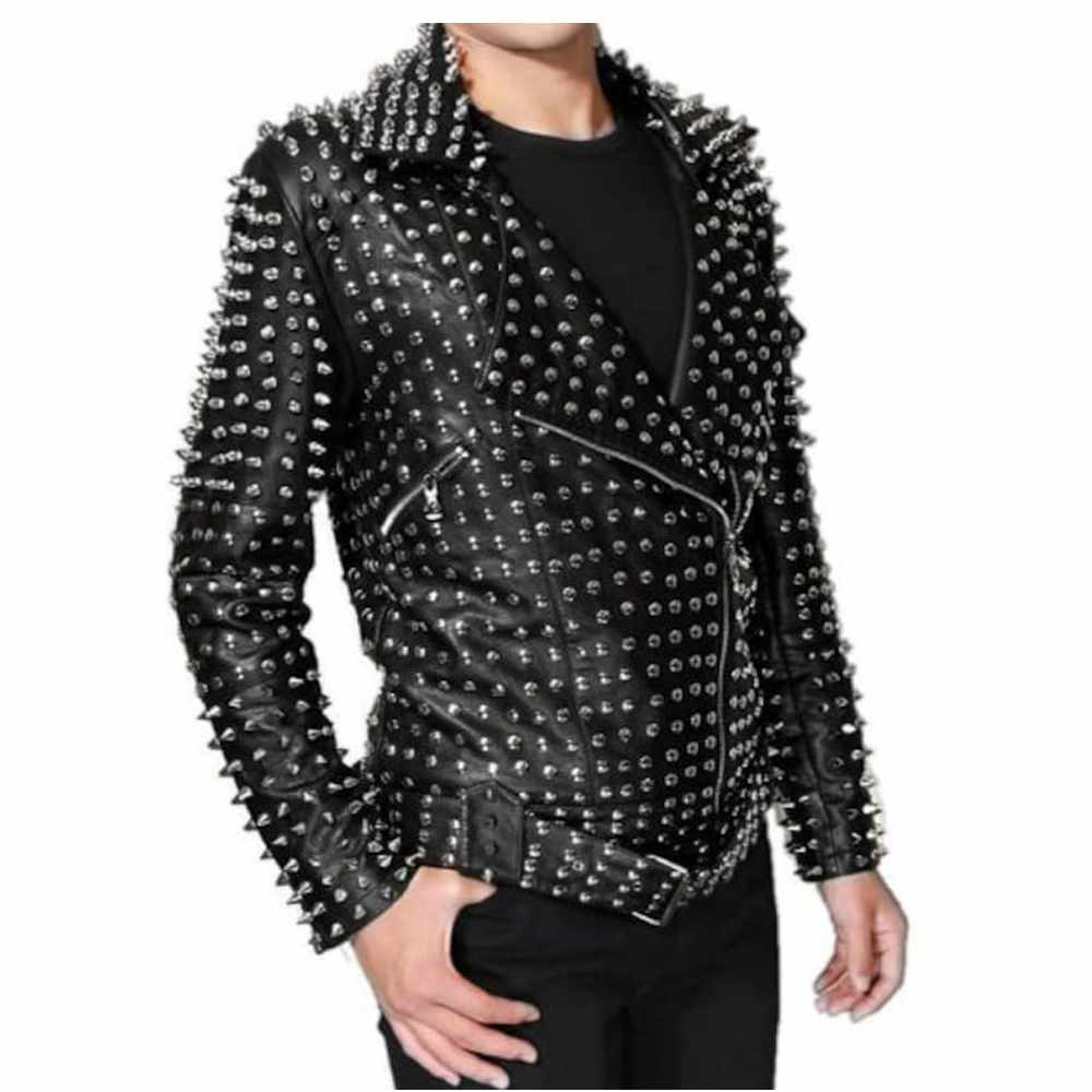 Punk Rock Silver Studded Brando Black Leather Jacket Men's - AMSEL LEATHERS