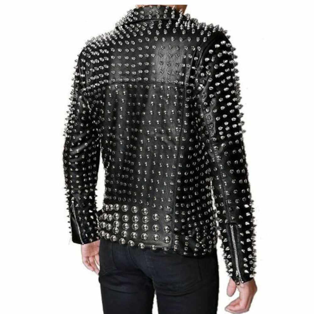 Punk Rock Silver Studded Brando Black Leather Jacket Men's - AMSEL LEATHERS