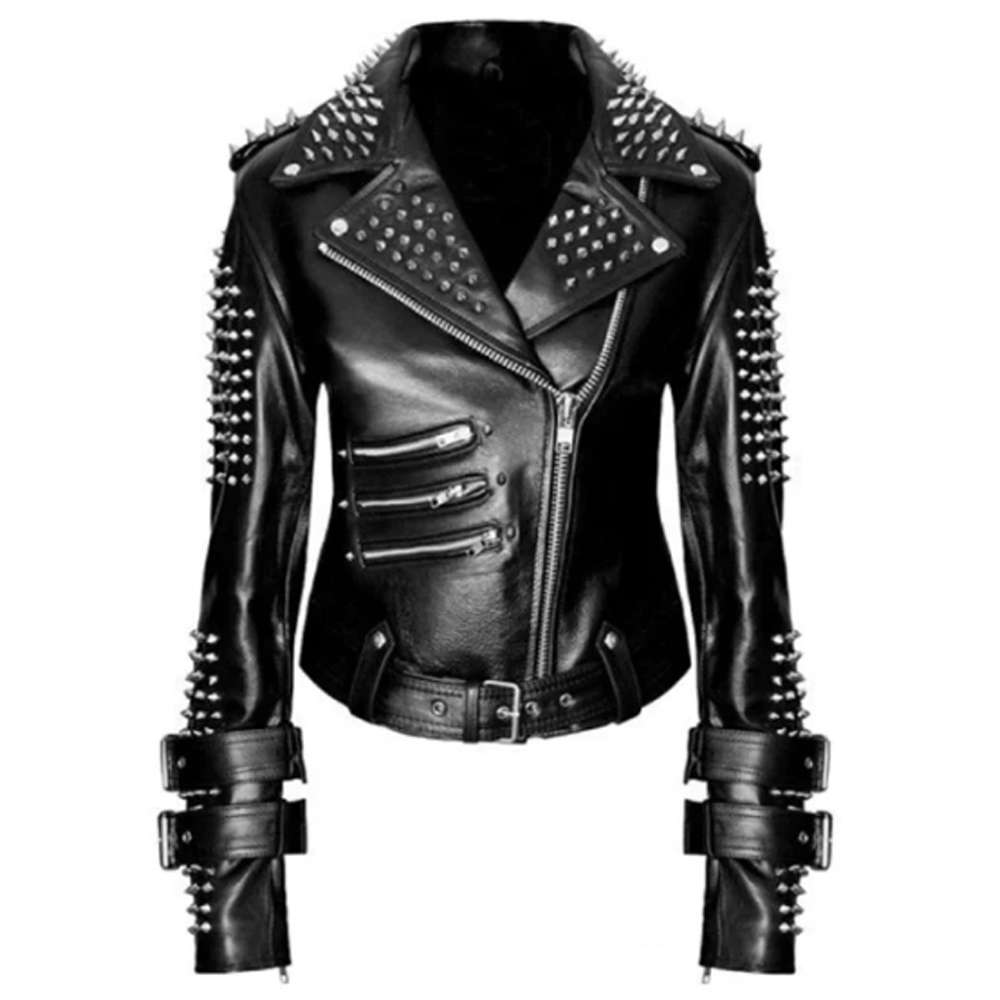 Punk Rock Star Black Spikes Leather Jacket - AMSEL LEATHERS