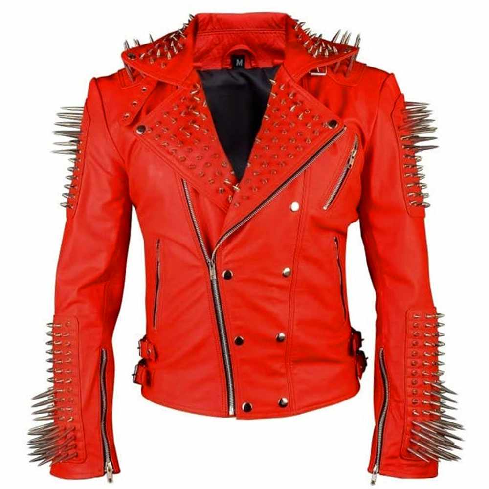 Punk Studded Spikes Biker Red Leather Fashion Jacket - AMSEL LEATHERS