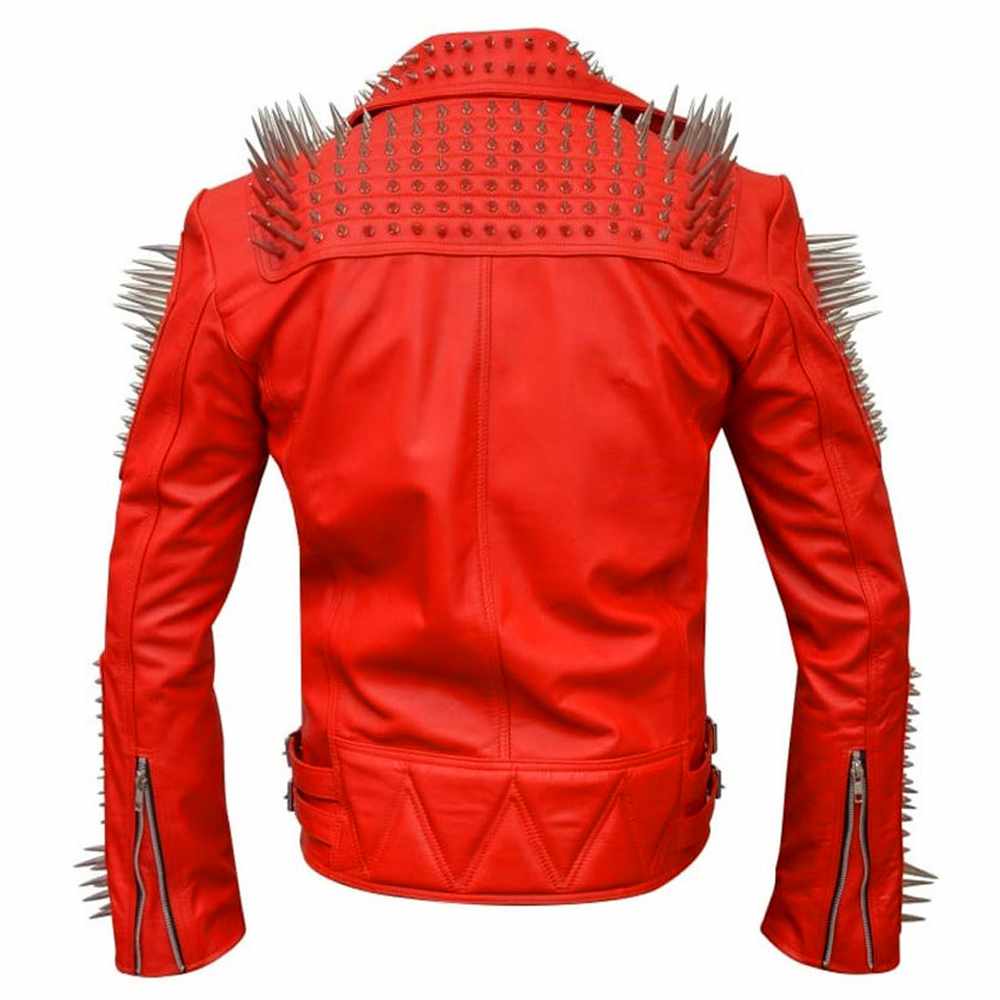 Punk Studded Spikes Biker Red Leather Fashion Jacket - AMSEL LEATHERS