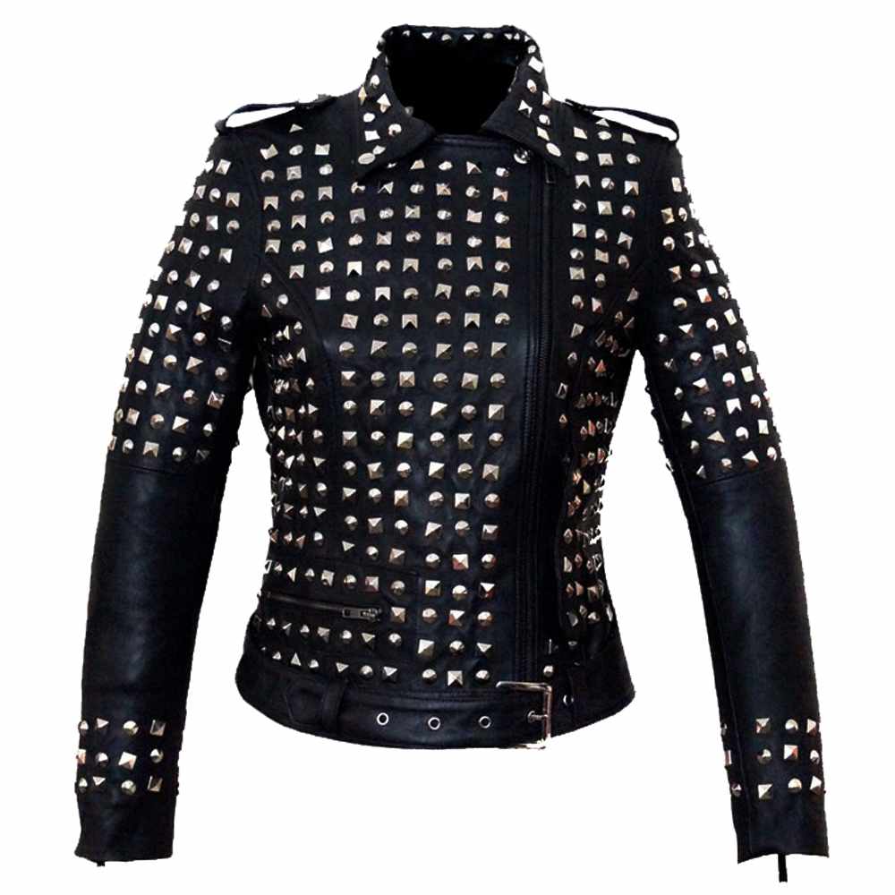 Punk Women Studded Biker Black Leather Jacket - AMSEL LEATHERS