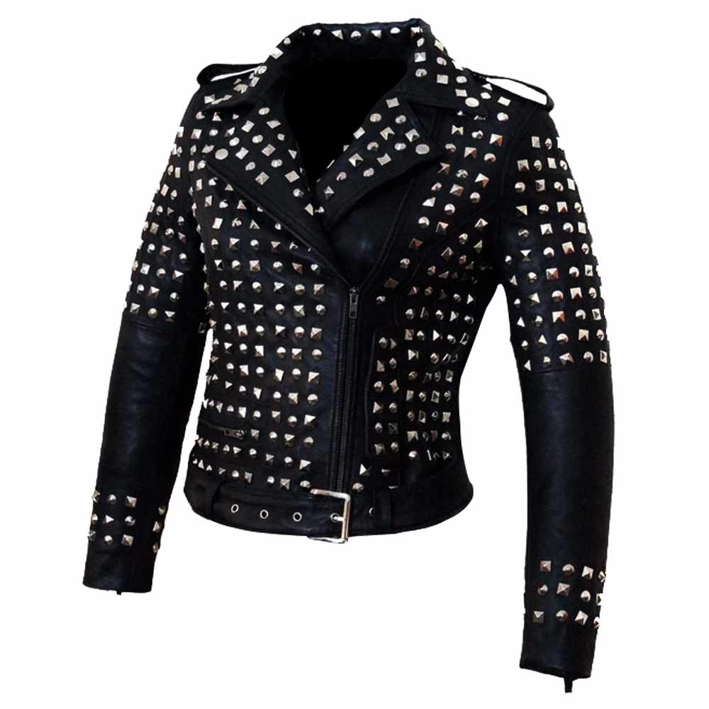 Punk Women Studded Biker Black Leather Jacket - AMSEL LEATHERS