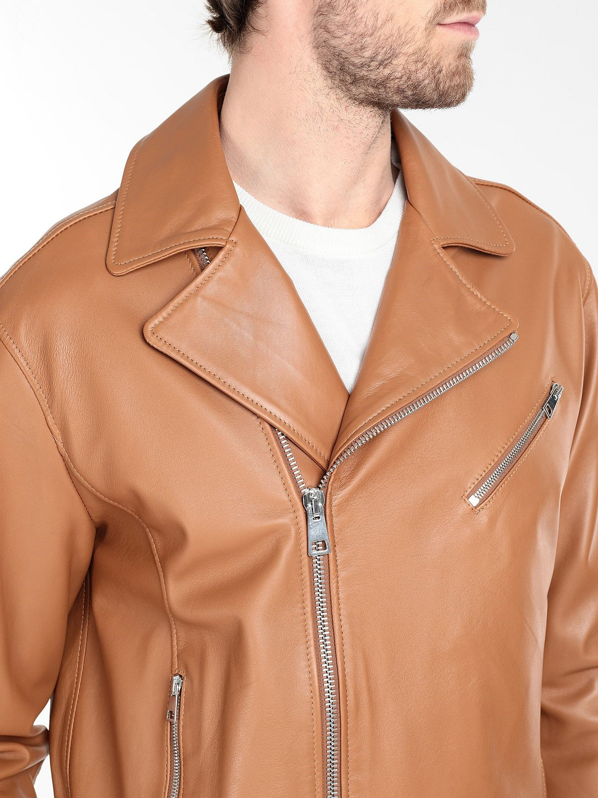 Pure leather biker jacket with lapel collar