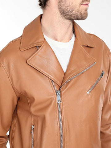 Pure leather biker jacket with lapel collar