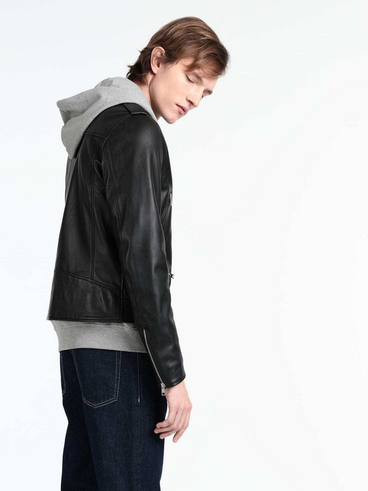 Pure leather biker jacket with lapel collar