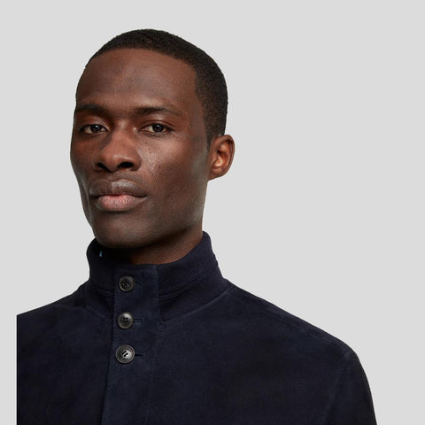 men's blue lambskin suede jacket lucien detail close up