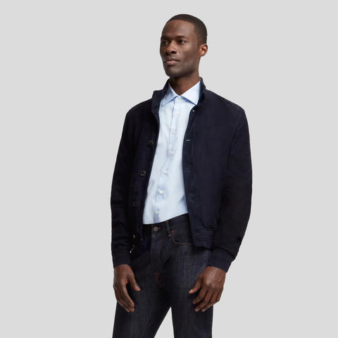 men's blue lambskin suede jacket lucien styling view
