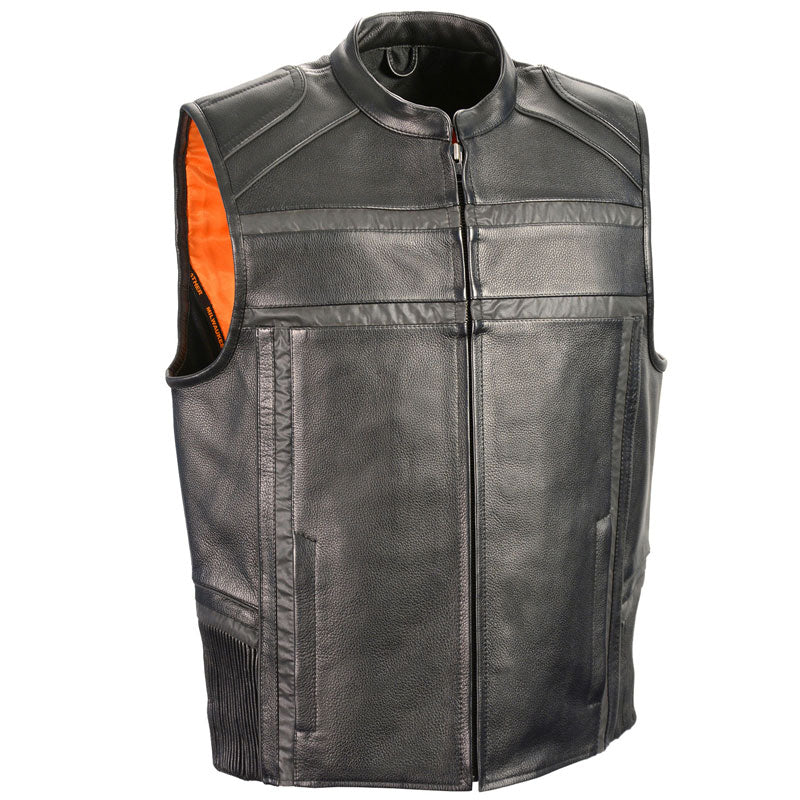 Reflective band zip front leather vest with piping detail
