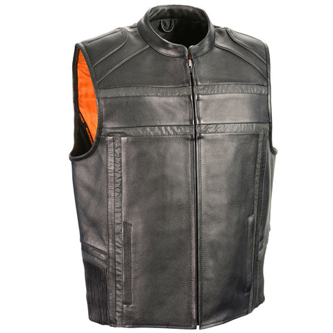 Reflective band zip front leather vest with piping detail
