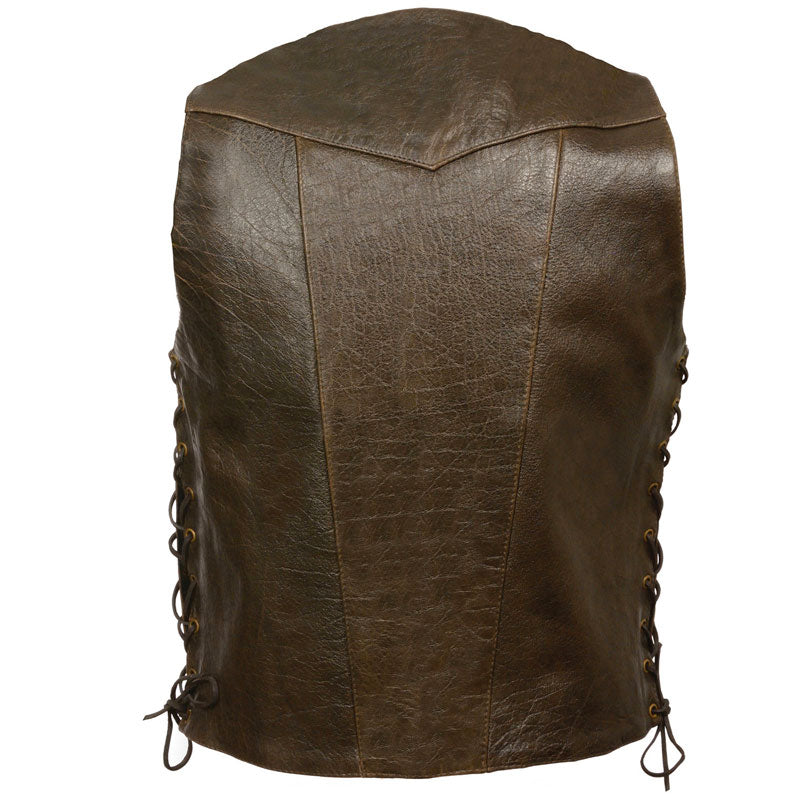 Brown leather vest with side lace detail and 10 pockets
