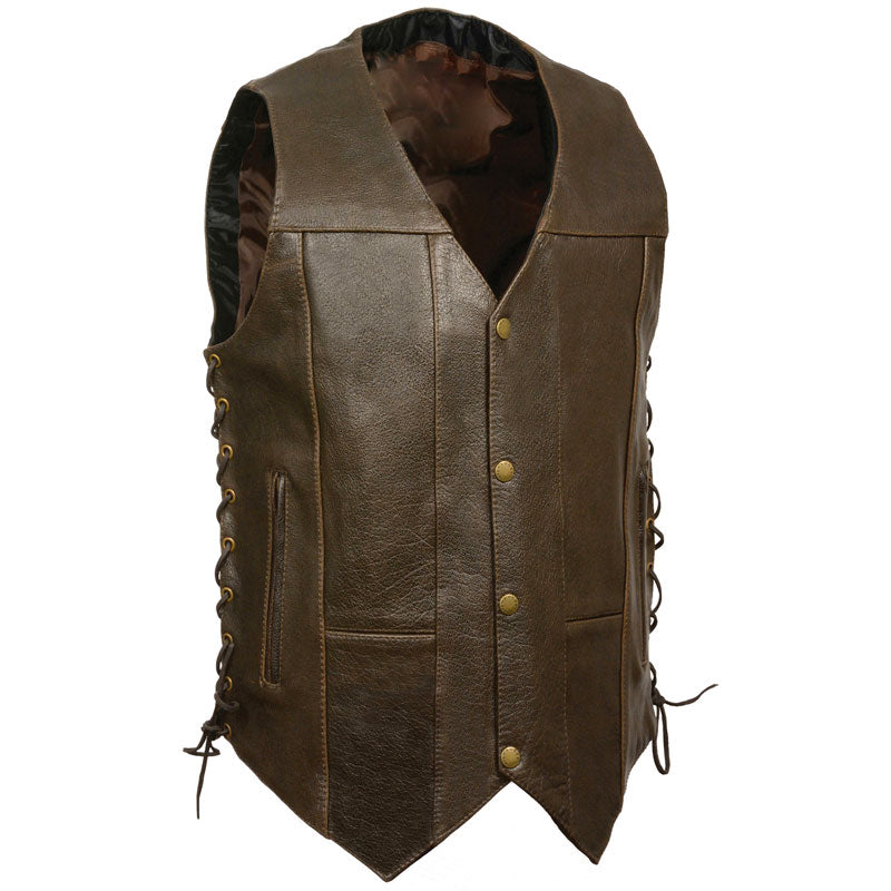 Retro brown 10 pocket side lace leather vest
