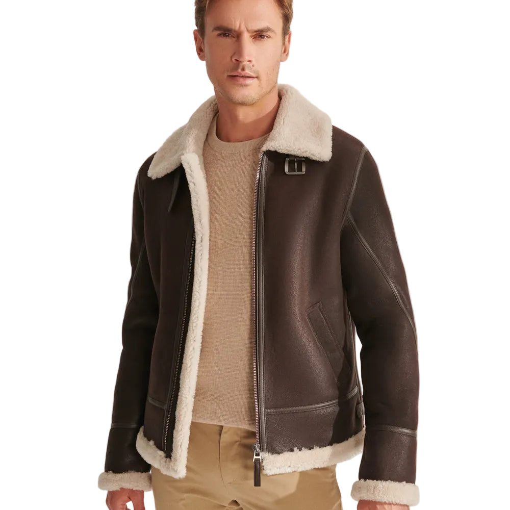 Real Men Brown Pilot Shearling Leather Aviator Jacket