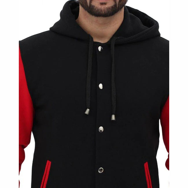 Red And Black Baseball Hooded Varsity Jacket - AMSEL LEATHERS