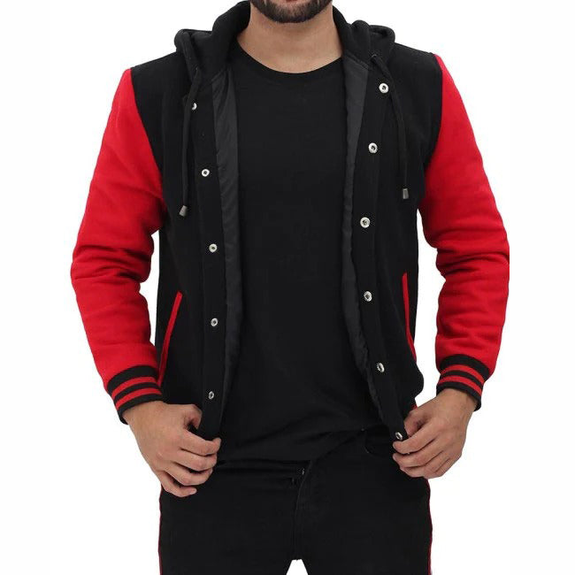 Red And Black Baseball Hooded Varsity Jacket - AMSEL LEATHERS